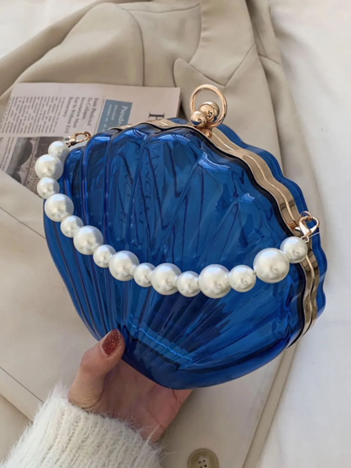 Fashion Retro Stage Vintage 3D Seashell Transparent Pearl Chain Bag