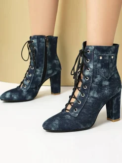 Sale Retro Stage Vintage Denim Lace-Up High Heel Boots