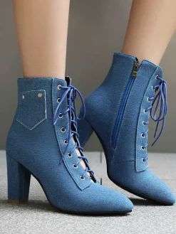 Sale Retro Stage Vintage Denim Lace-Up High Heel Boots
