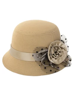 Online Retro Stage Vintage Dots Sheer Floral Felt Cloche Hat