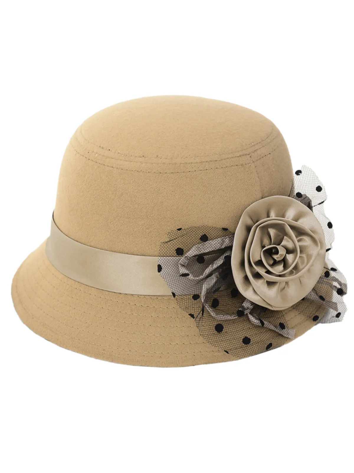 Online Retro Stage Vintage Dots Sheer Floral Felt Cloche Hat