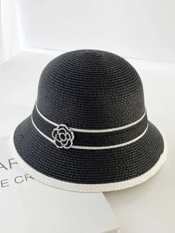 Sale Retro Stage Vintage Elegant Camellia Contrast Straw Hat
