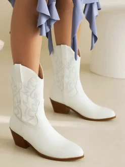 Sale Retro Stage Vintage Embroidered Chunky Heel Cowboy Boots