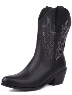 Sale Retro Stage Vintage Embroidered Chunky Heel Cowboy Boots