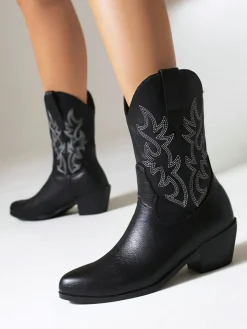 Sale Retro Stage Vintage Embroidered Chunky Heel Cowboy Boots