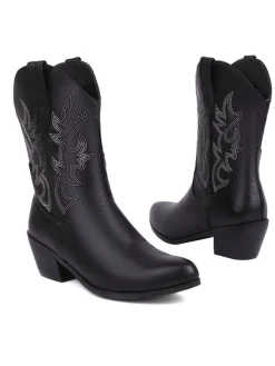 Sale Retro Stage Vintage Embroidered Chunky Heel Cowboy Boots