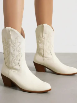 Sale Retro Stage Vintage Embroidered Chunky Heel Cowboy Boots
