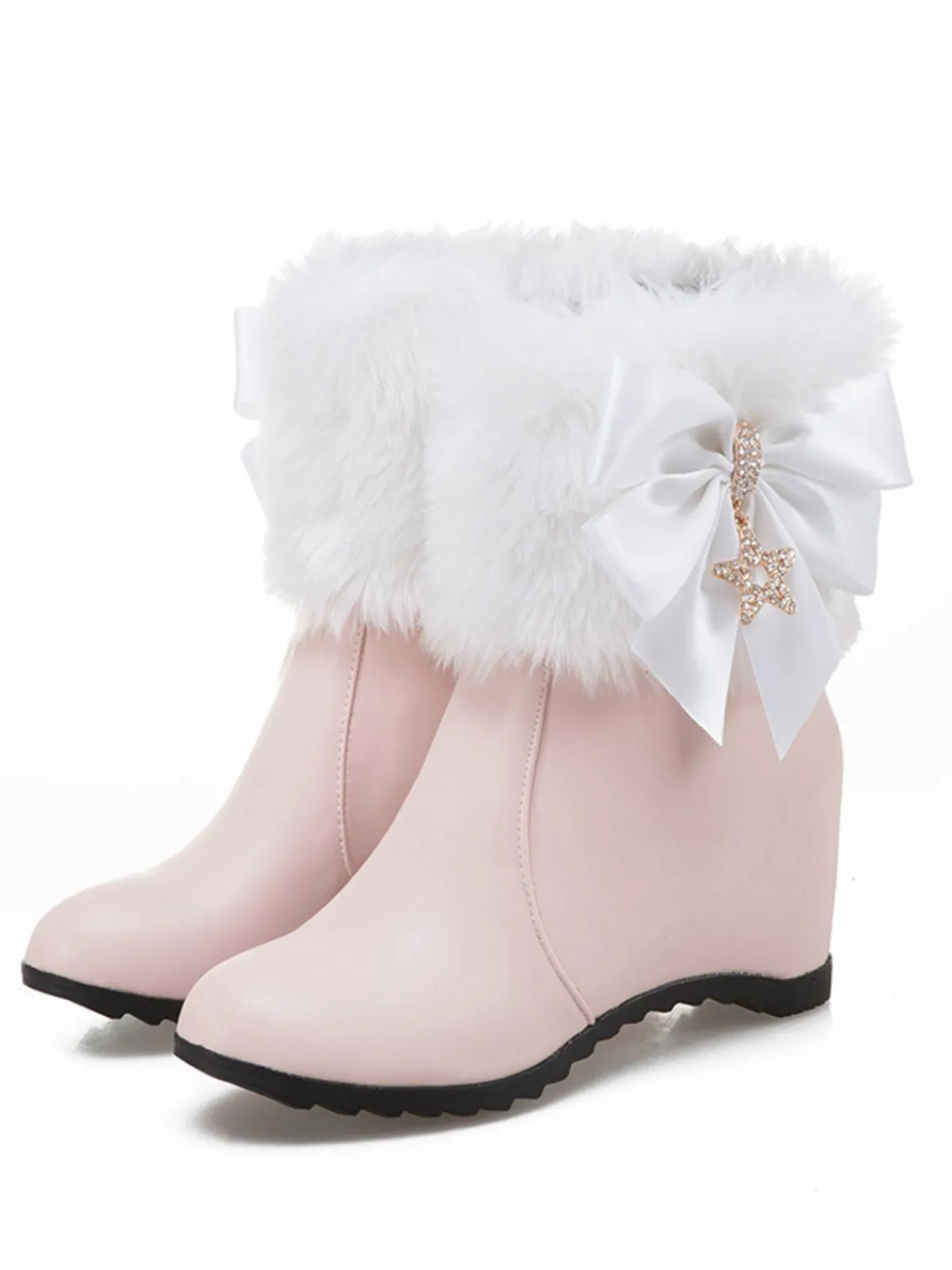 Discount Retro Stage Vintage Faux Fur Bowknot Star Decor Wedge Boots