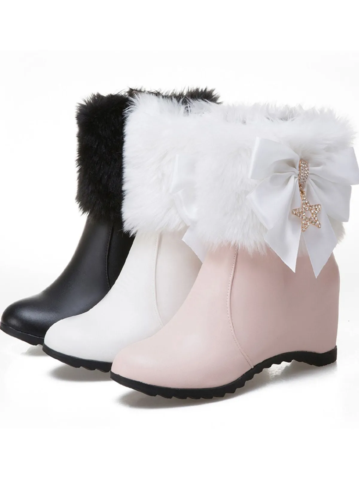 Discount Retro Stage Vintage Faux Fur Bowknot Star Decor Wedge Boots