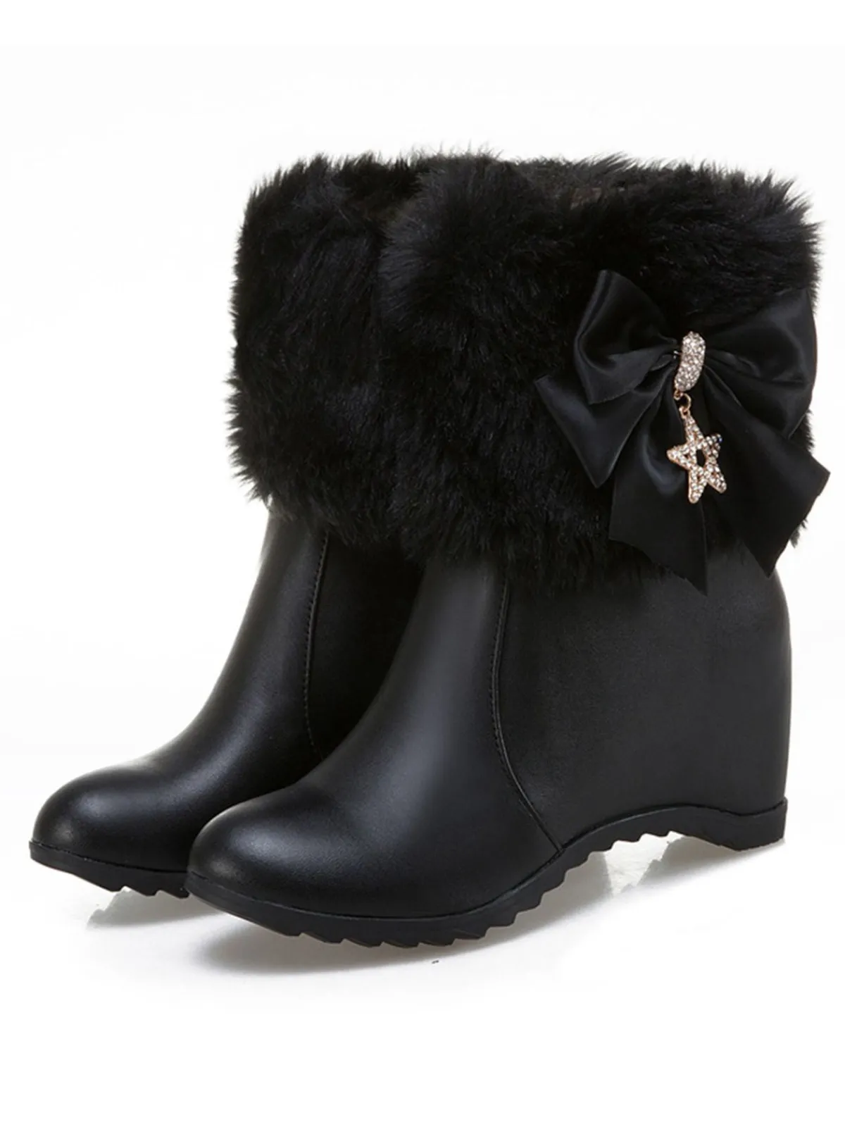 Discount Retro Stage Vintage Faux Fur Bowknot Star Decor Wedge Boots