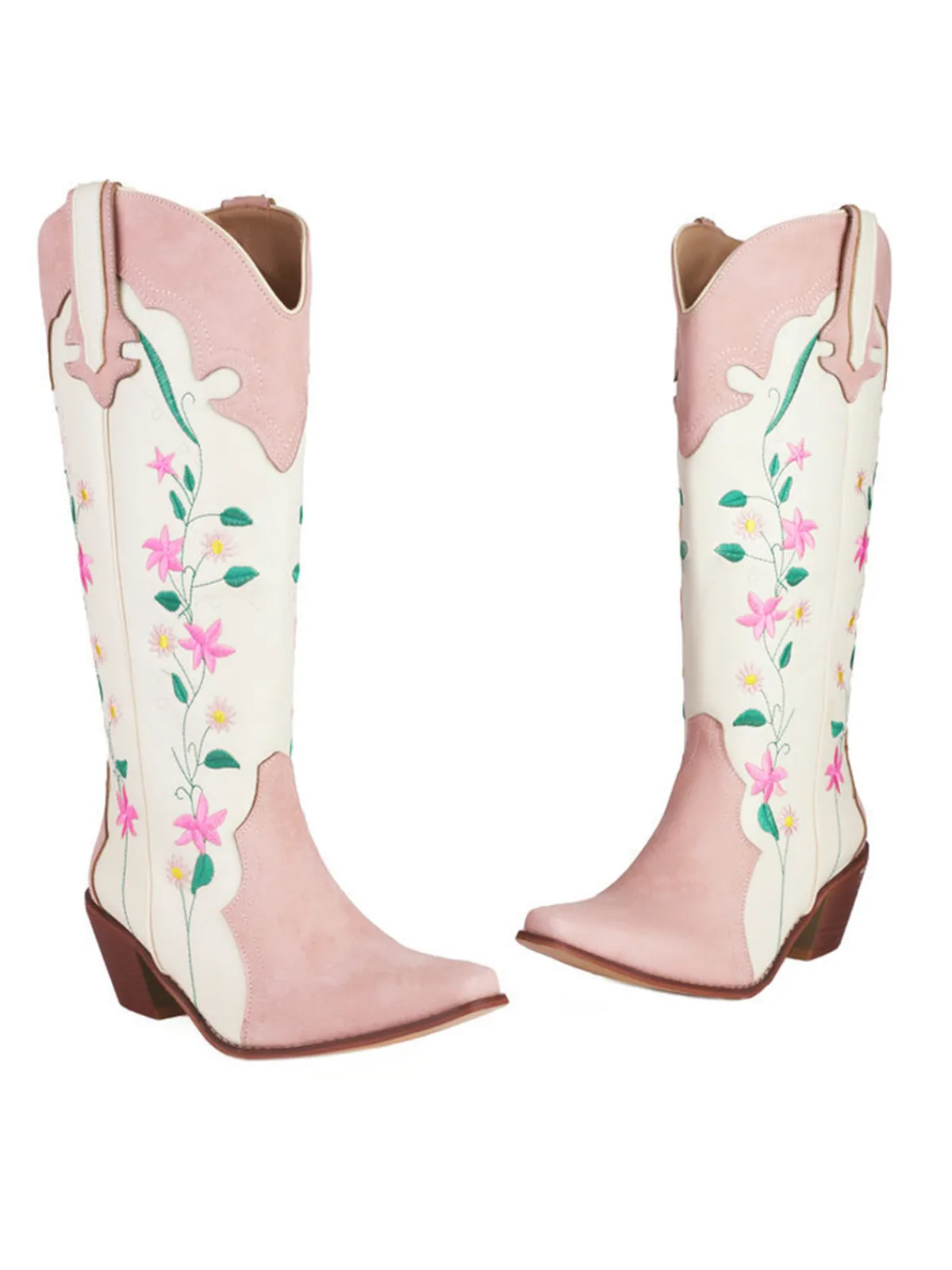 Hot Retro Stage Vintage Floral Embroidered Western Boots Pink & White