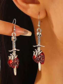 Online Retro Stage Vintage Halloween Skull Sword Heart Earrings
