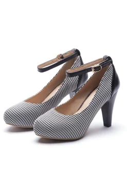 Online Retro Stage Vintage Houndstooth Colorblock Ankle Strap Cone Heels