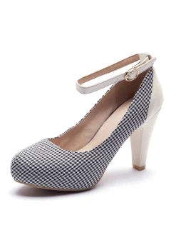 Online Retro Stage Vintage Houndstooth Colorblock Ankle Strap Cone Heels