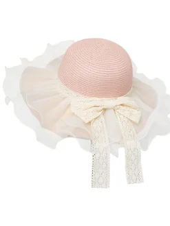 Best Retro Stage Vintage Lace Bow Sheer Ruffle Brim Sun Hat