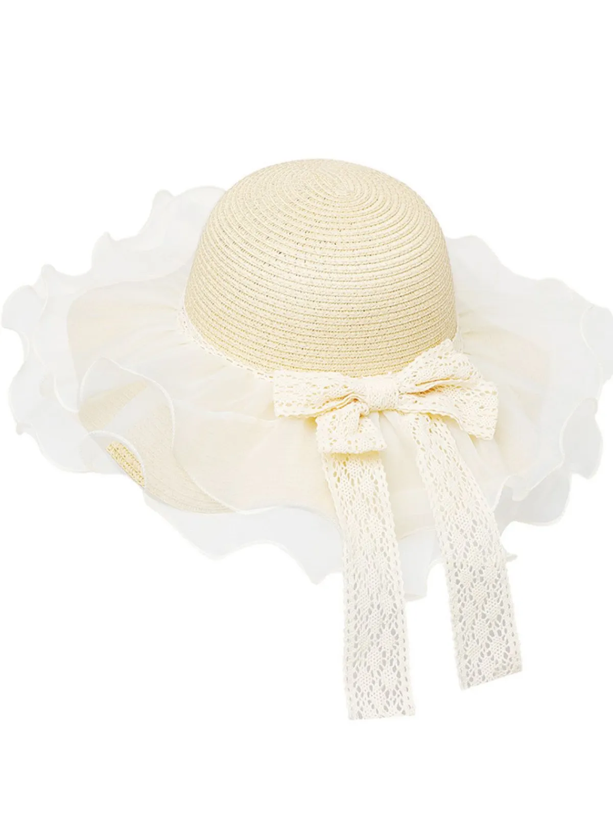Best Retro Stage Vintage Lace Bow Sheer Ruffle Brim Sun Hat