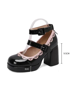 Sale Retro Stage Vintage Lace Patent Leather Chunky Heels