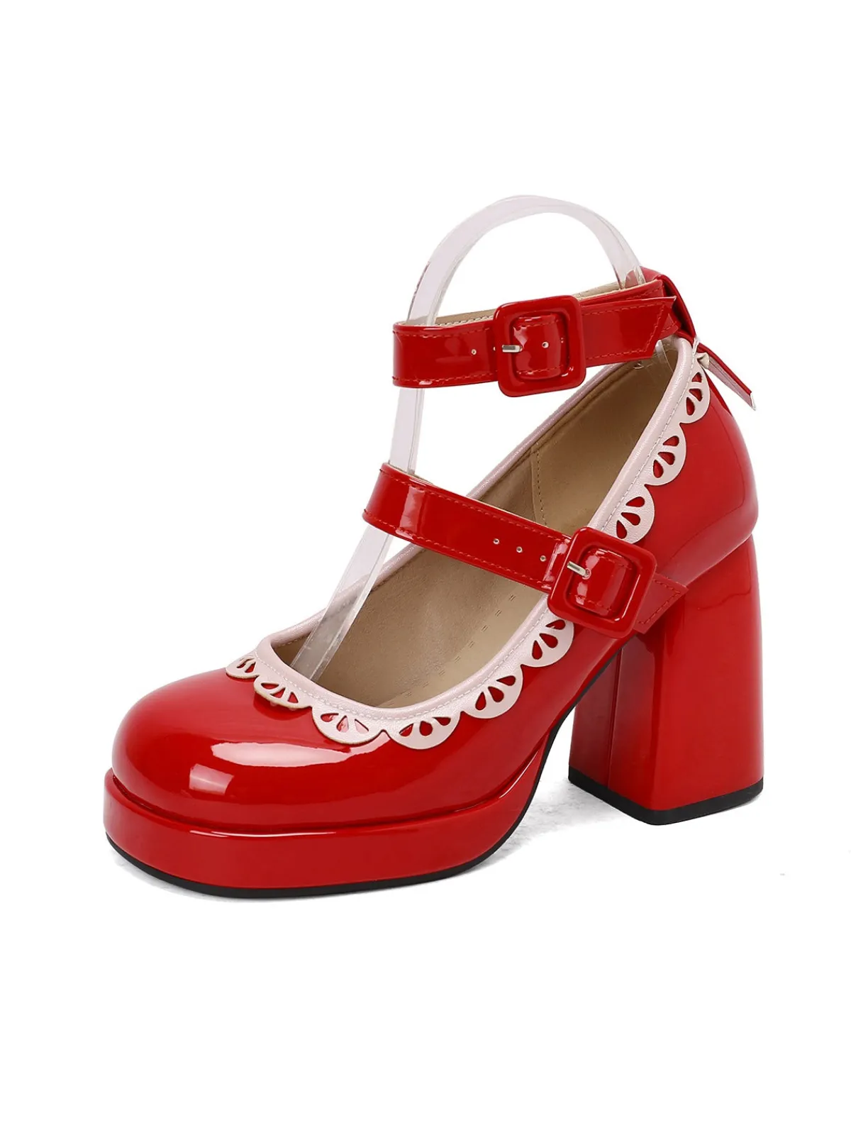 Sale Retro Stage Vintage Lace Patent Leather Chunky Heels