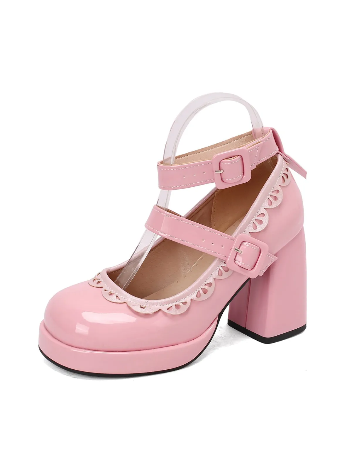 Sale Retro Stage Vintage Lace Patent Leather Chunky Heels