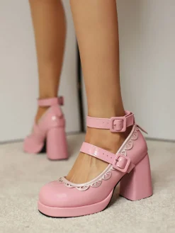 Sale Retro Stage Vintage Lace Patent Leather Chunky Heels