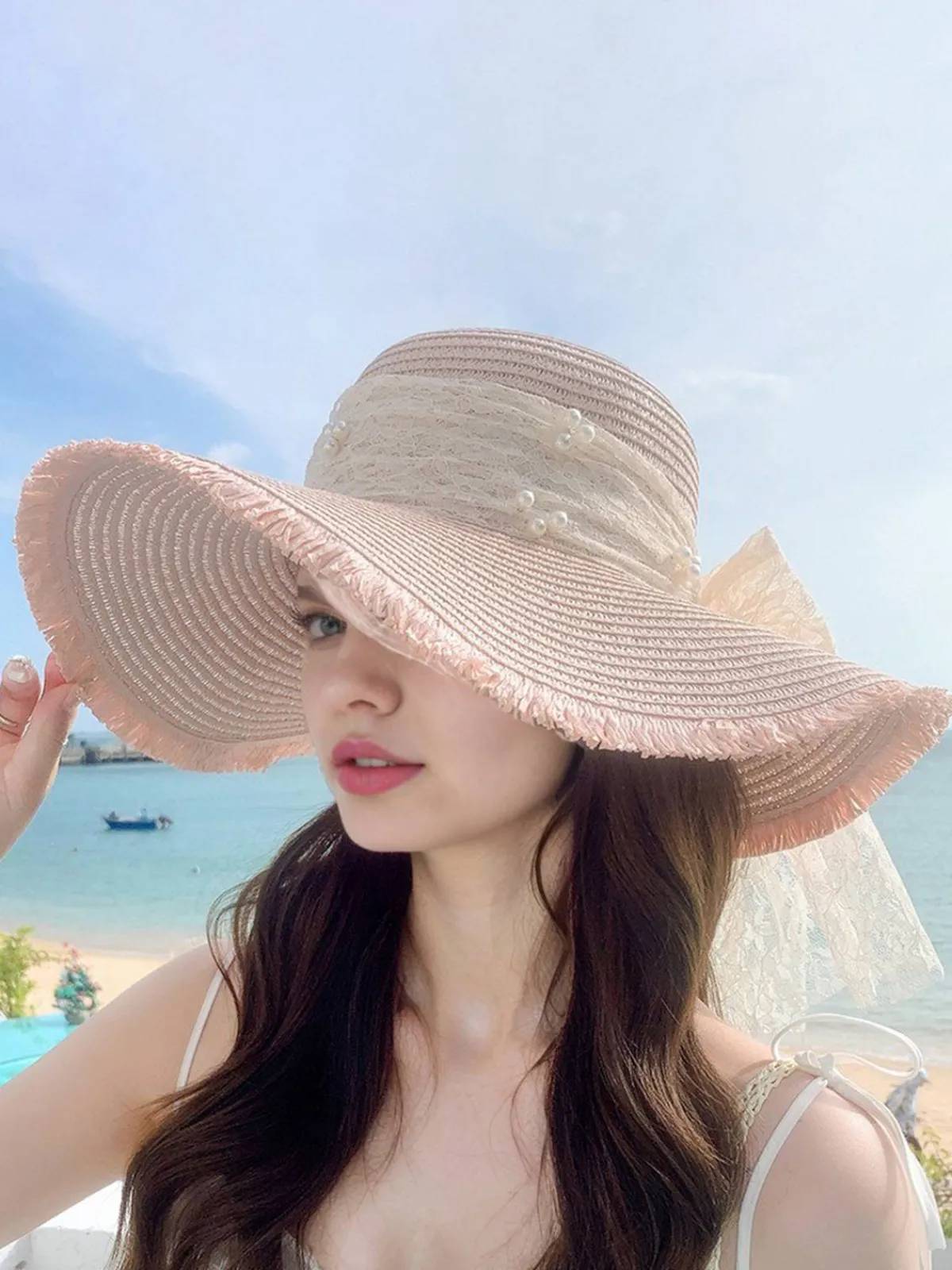 Sale Retro Stage Vintage Lace Ribbon Wide-Brim Sun Hat
