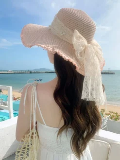 Sale Retro Stage Vintage Lace Ribbon Wide-Brim Sun Hat
