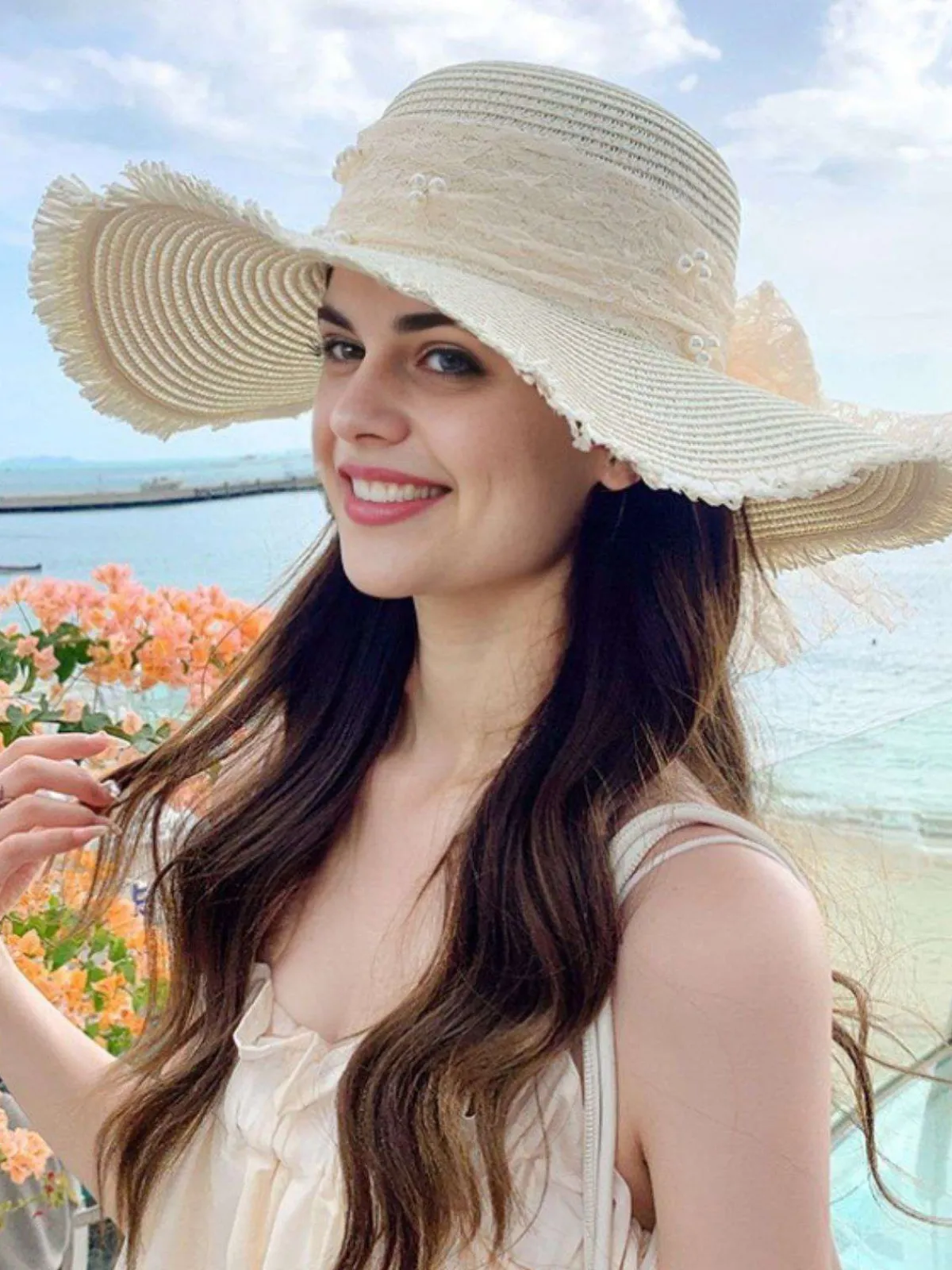 Sale Retro Stage Vintage Lace Ribbon Wide-Brim Sun Hat