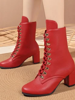 Outlet Retro Stage Vintage Lace-Up Ankle Chunky Heel Boots