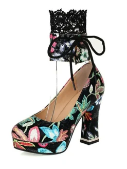 Best Retro Stage Vintage Lace-Up Embroidered Floral High Heels