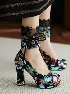 Best Retro Stage Vintage Lace-Up Embroidered Floral High Heels