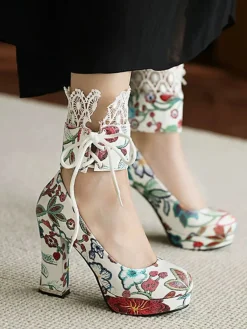 Best Retro Stage Vintage Lace-Up Embroidered Floral High Heels