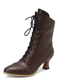 Hot Retro Stage Vintage Leather Lace-up Kitten Heel Boots