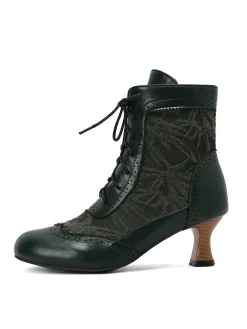 Fashion Retro Stage Vintage Leather Solid Lace Heel Boots