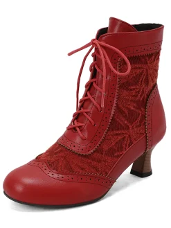 Fashion Retro Stage Vintage Leather Solid Lace Heel Boots