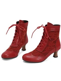 Fashion Retro Stage Vintage Leather Solid Lace Heel Boots