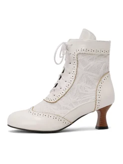 Fashion Retro Stage Vintage Leather Solid Lace Heel Boots