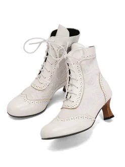 Fashion Retro Stage Vintage Leather Solid Lace Heel Boots