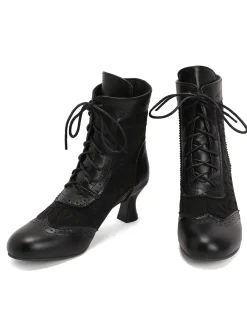 Fashion Retro Stage Vintage Leather Solid Lace Heel Boots