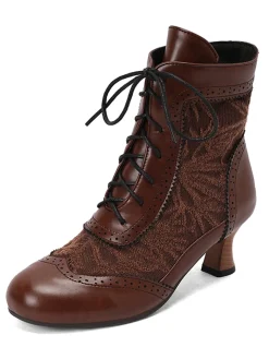 Fashion Retro Stage Vintage Leather Solid Lace Heel Boots