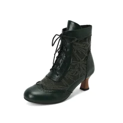 Fashion Retro Stage Vintage Leather Solid Lace Heel Boots