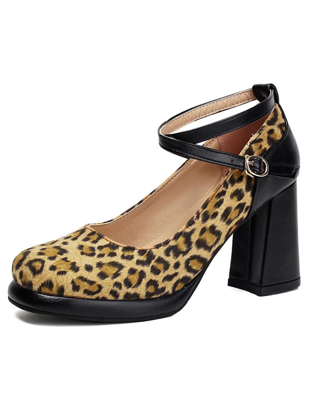 Fashion Retro Stage Vintage Leopard Criss-Cross Buckle Chunky Heels