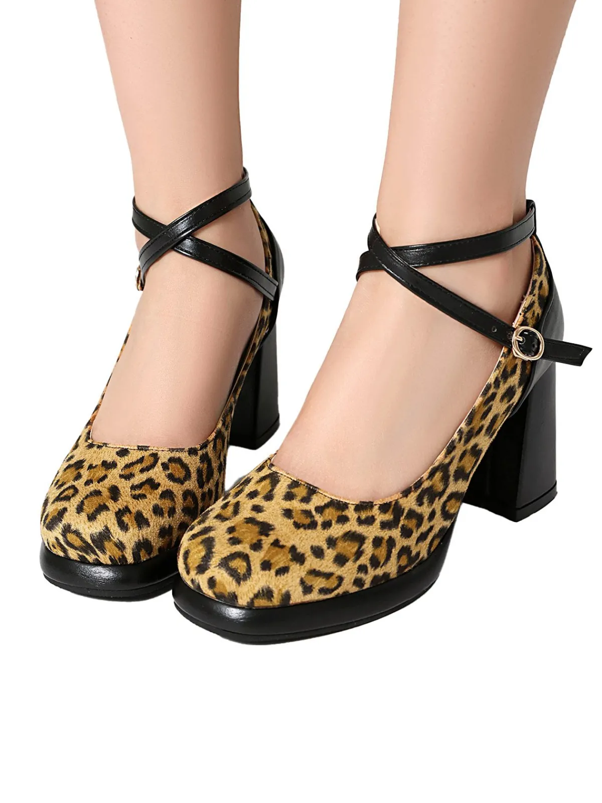 Fashion Retro Stage Vintage Leopard Criss-Cross Buckle Chunky Heels