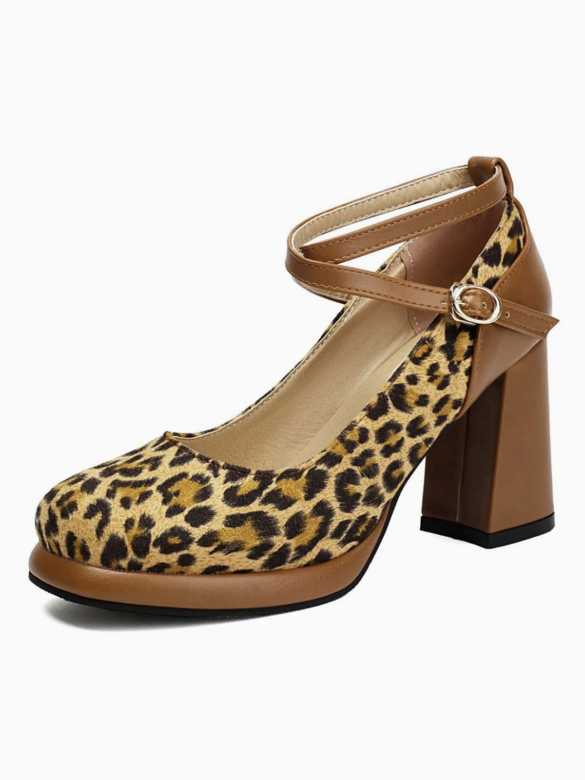Fashion Retro Stage Vintage Leopard Criss-Cross Buckle Chunky Heels