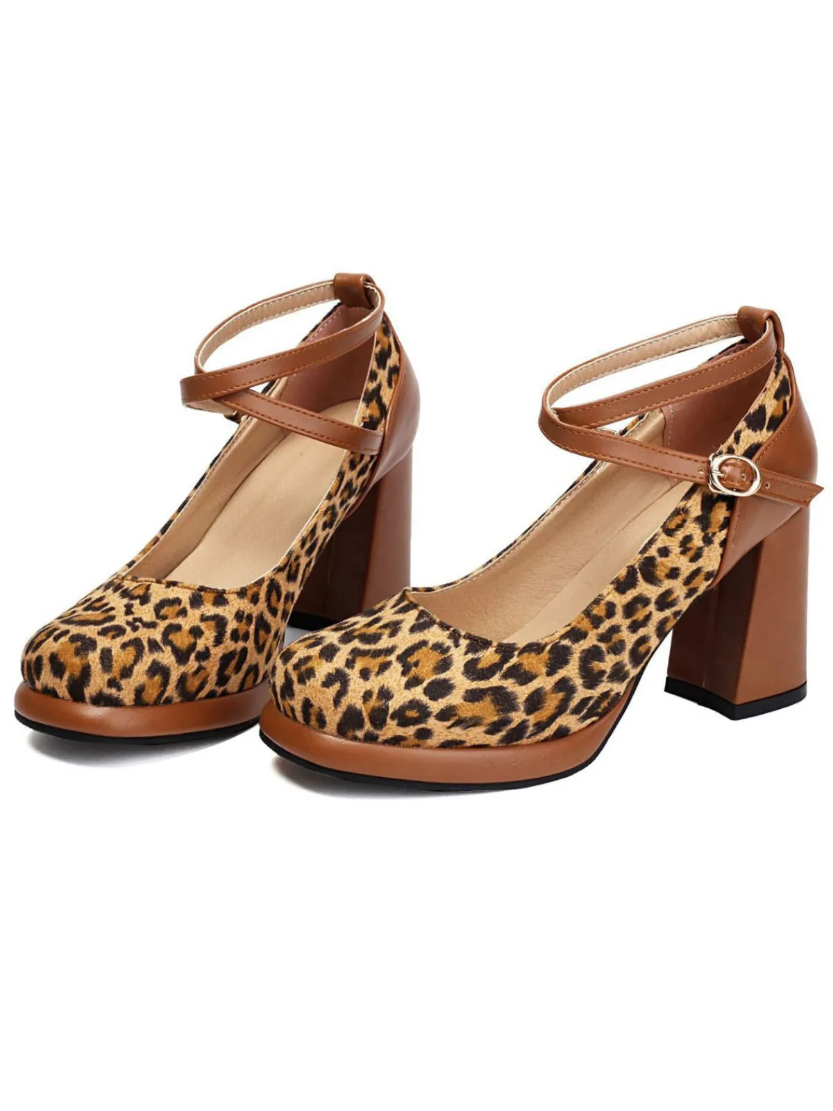Fashion Retro Stage Vintage Leopard Criss-Cross Buckle Chunky Heels