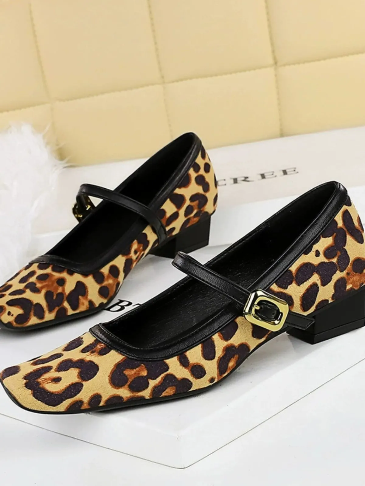 Outlet Retro Stage Vintage Leopard Square-Toe Mary Jane Heels