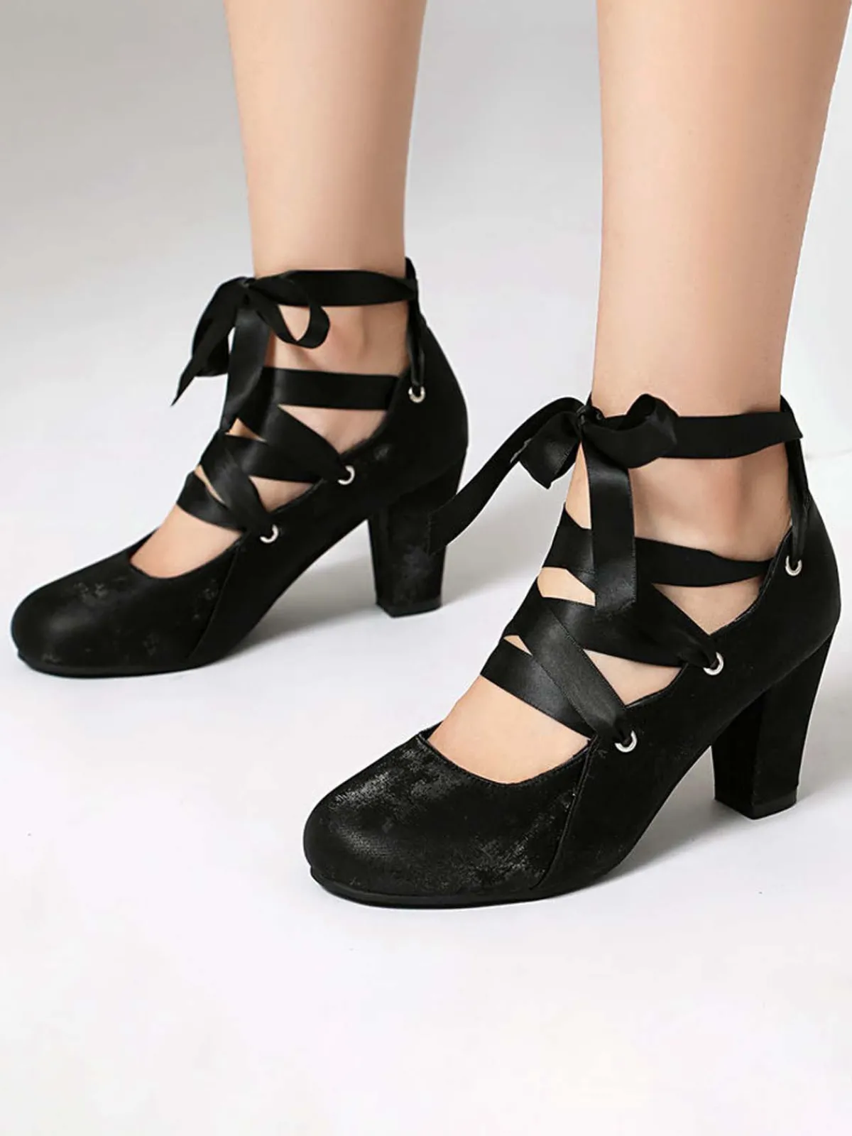 Discount Retro Stage Vintage Mary Jane Ribbon Wrap Up Chunky Heels