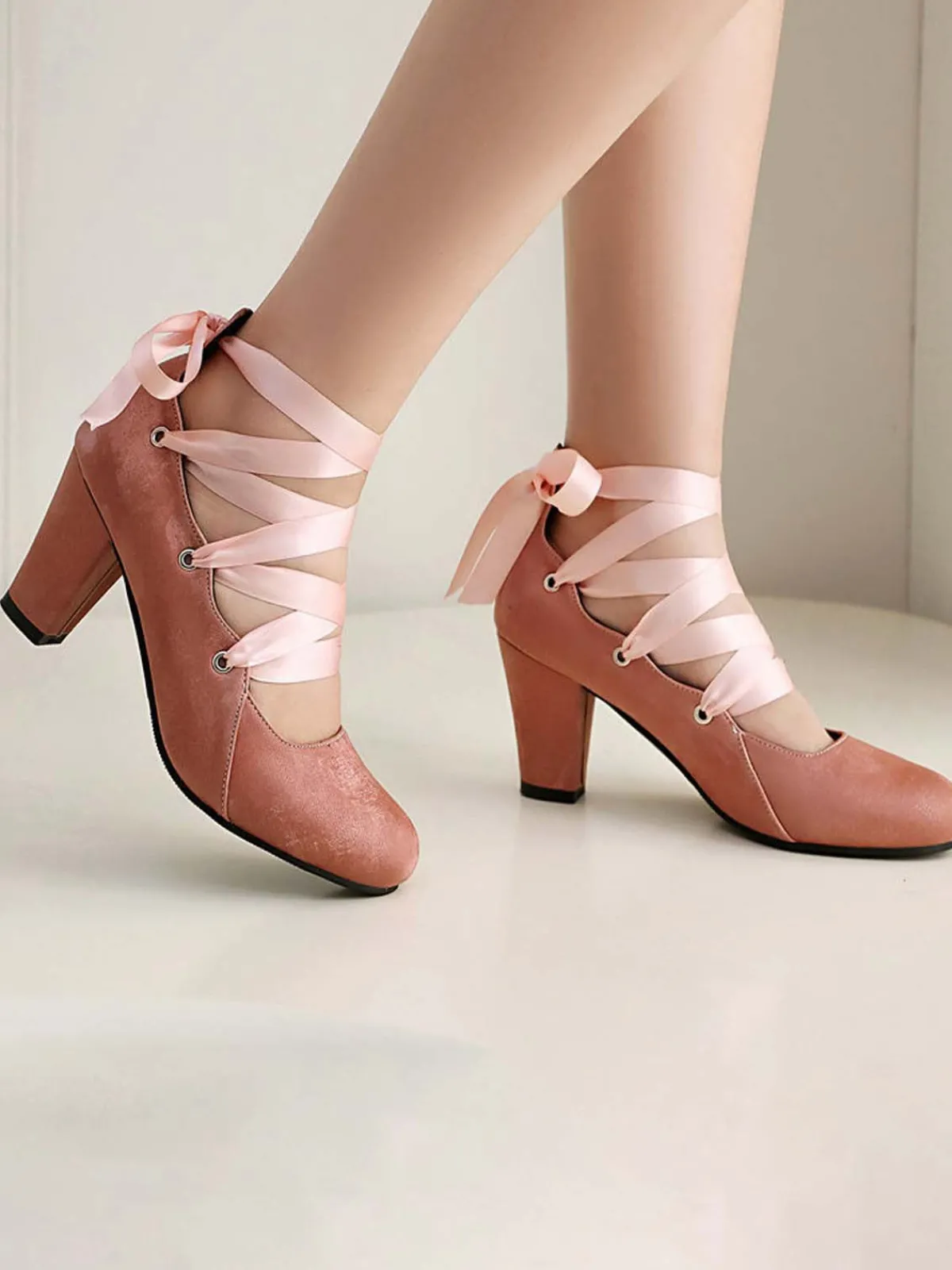 Discount Retro Stage Vintage Mary Jane Ribbon Wrap Up Chunky Heels