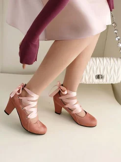 Discount Retro Stage Vintage Mary Jane Ribbon Wrap Up Chunky Heels