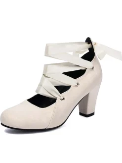 Discount Retro Stage Vintage Mary Jane Ribbon Wrap Up Chunky Heels
