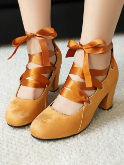 Discount Retro Stage Vintage Mary Jane Ribbon Wrap Up Chunky Heels